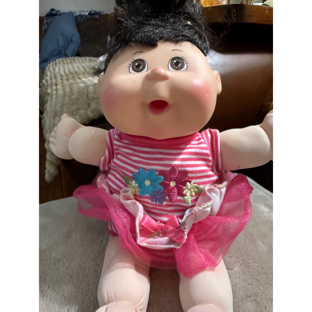 Cabbage Patch Kids 13 inch Baby Doll Brown Eyes Black Hair Pink Tutu Floral 2017